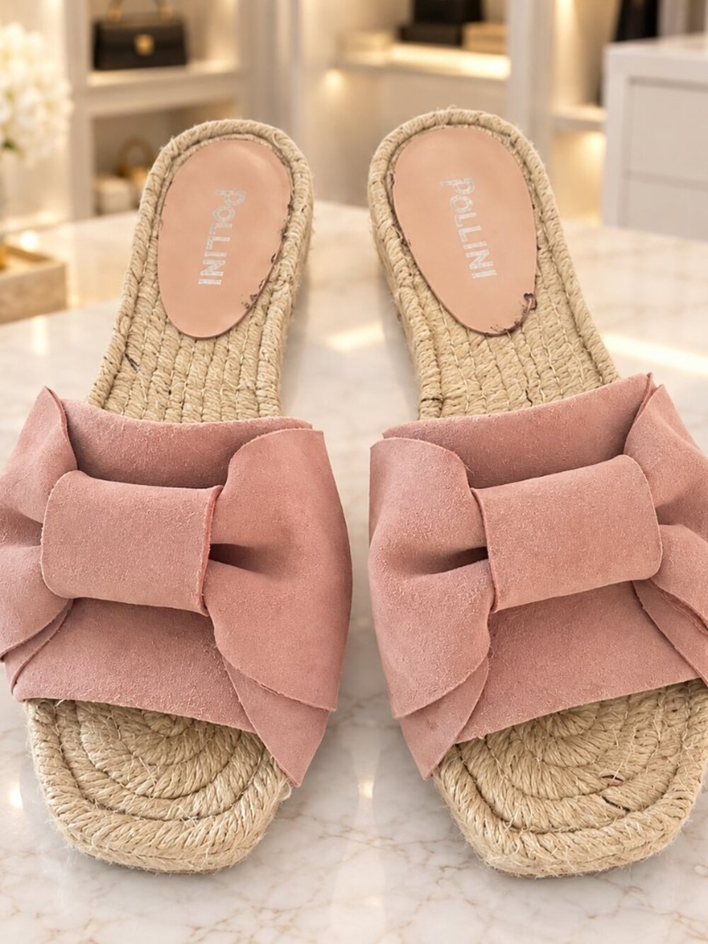 Pollini Pink Suede Bow Espadrille Slide Sandals Size 38 / US 8